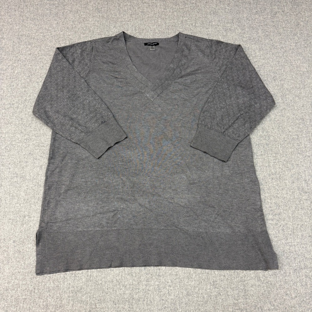 Cable & Gauge Sweater 2X Gray V-Neck 3/4 Pointelle Sleeve Ribbed Hem Pullover